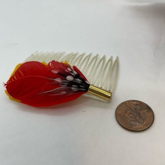 Vintage 1980s Feather Hair Comb Red Yellow Black White Polka Dot
